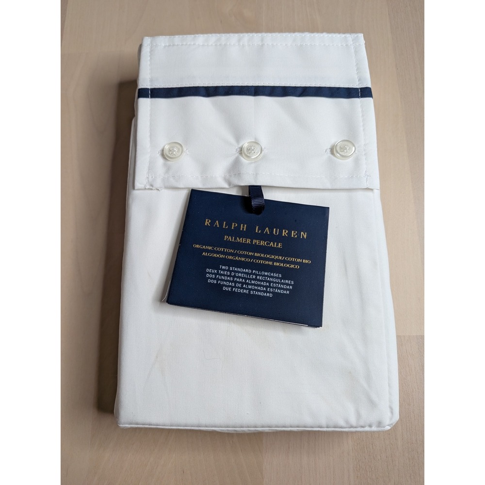 Ralph Lauren Palmer Percale Standard Pillowcase Set White Polo Navy NWT